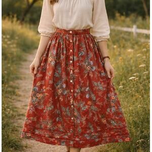 Ralph Lauren Red Floral Button Front Midi Skirt 16W Cottagecore Country Prairie